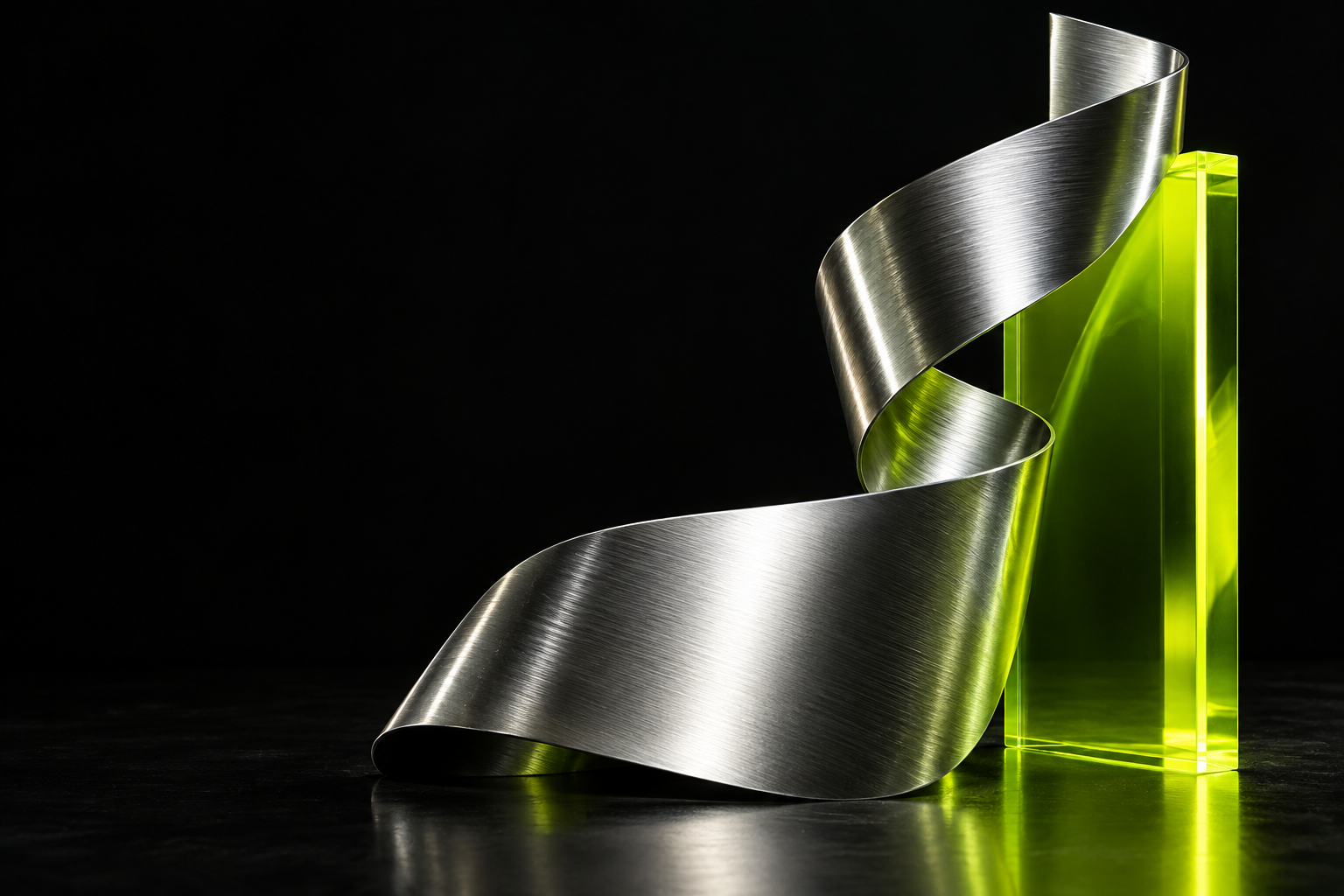 Sculptural chrome ribbon and glass forms